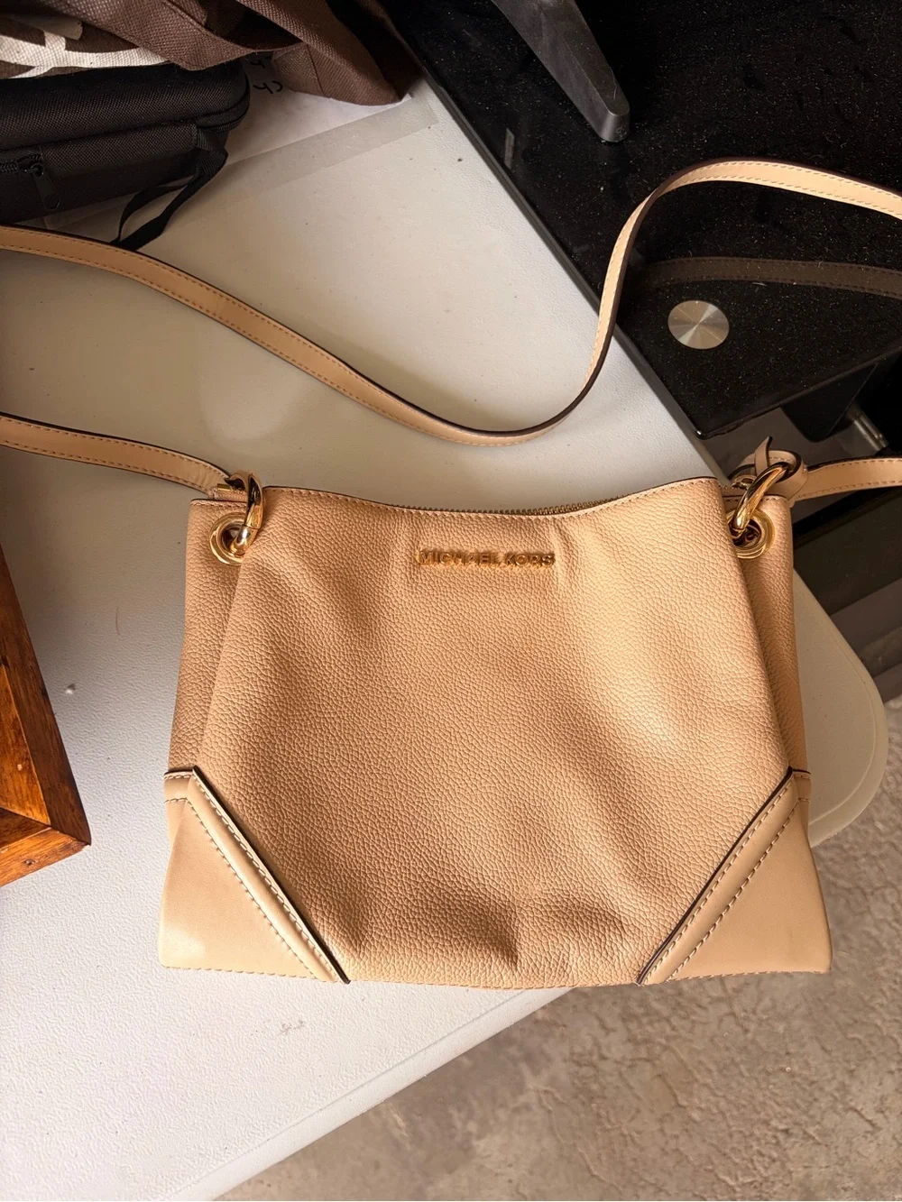 Michael Kors Beige Pebbled Leather Crossbody with Gold Hardware